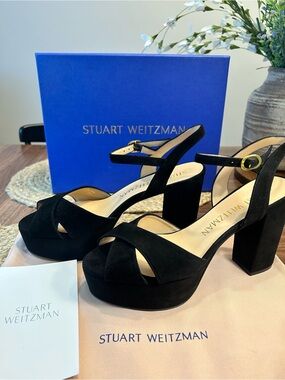 Stuart Weitzman Black Suede Platform Block-Heel Sandals (sz 8)